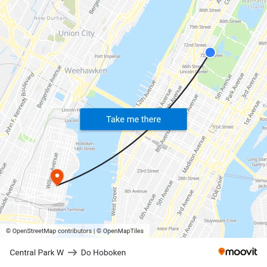 Central Park W, New York, NY 10023 to Do Hoboken map