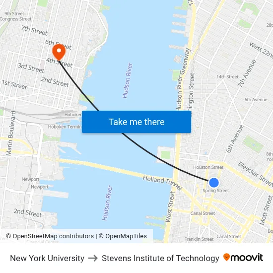 New York University to Stevens Institute of Technology map