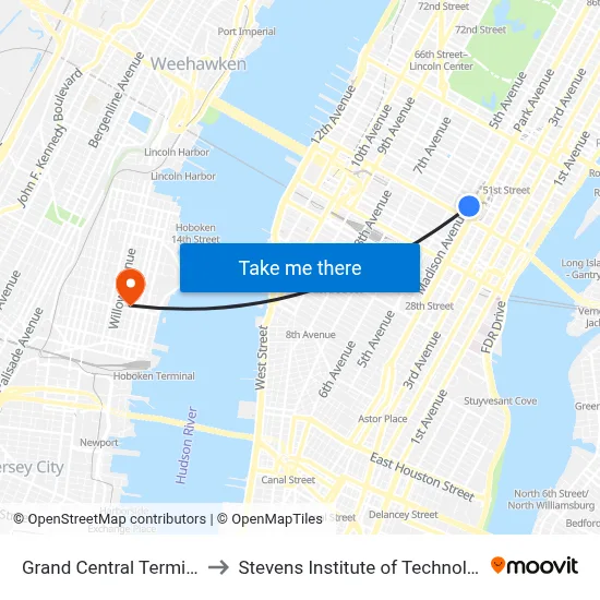 Grand Central Terminal to Stevens Institute of Technology map