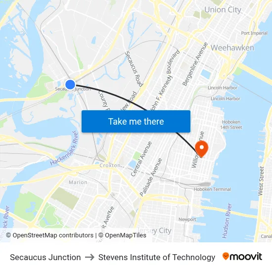 Secaucus Junction to Stevens Institute of Technology map