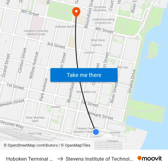 Hoboken Terminal Lot to Stevens Institute of Technology map