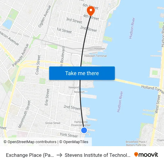 Exchange Place (Path) to Stevens Institute of Technology map