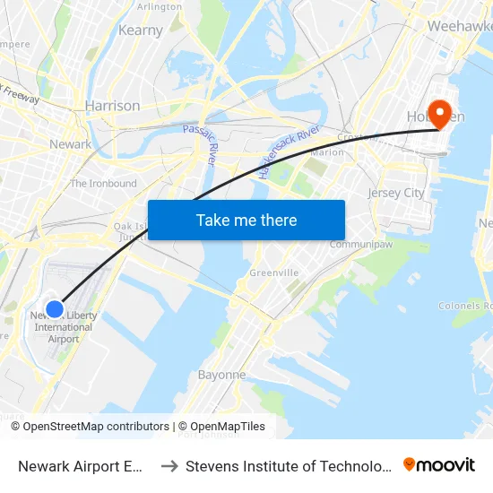 Newark Airport EWR to Stevens Institute of Technology map