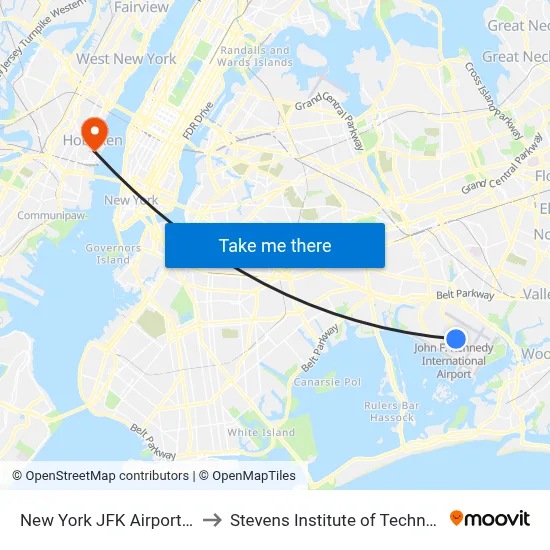 New York JFK Airport JFK to Stevens Institute of Technology map