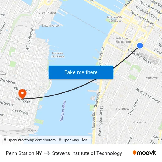 Penn Station NY to Stevens Institute of Technology map