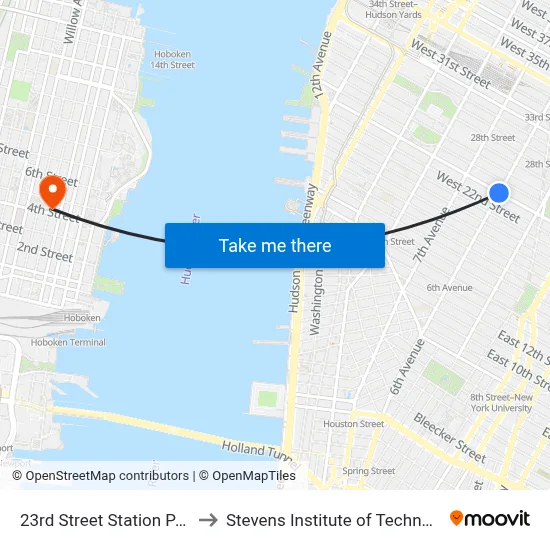 23rd Street Station PATH to Stevens Institute of Technology map