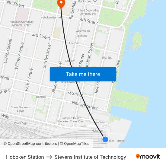 Hoboken Station to Stevens Institute of Technology map