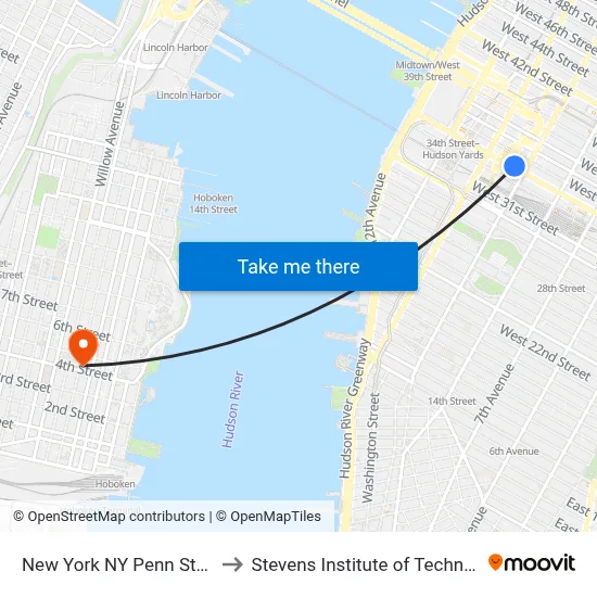 New York NY Penn Station to Stevens Institute of Technology map