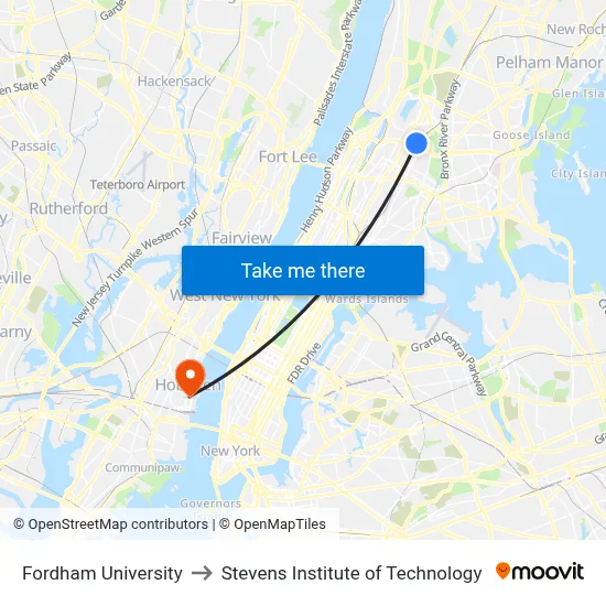 Fordham University to Stevens Institute of Technology map