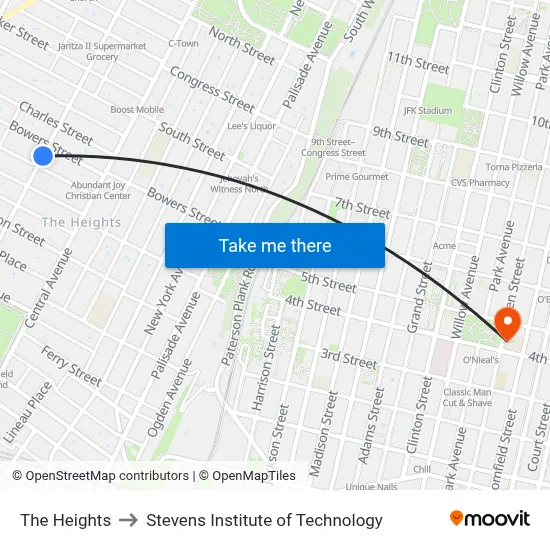 The Heights to Stevens Institute of Technology map