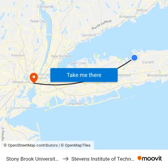 Stony Brook University Rad to Stevens Institute of Technology map