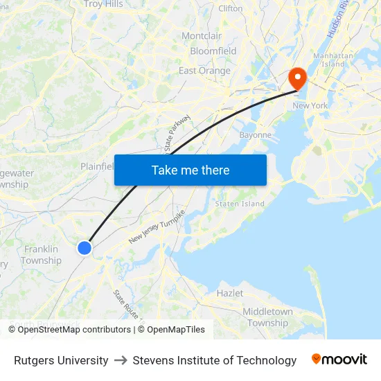 Rutgers University to Stevens Institute of Technology map