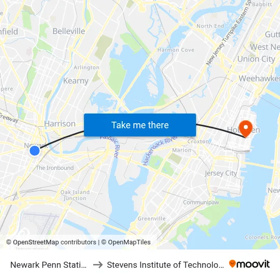 Newark Penn Station to Stevens Institute of Technology map