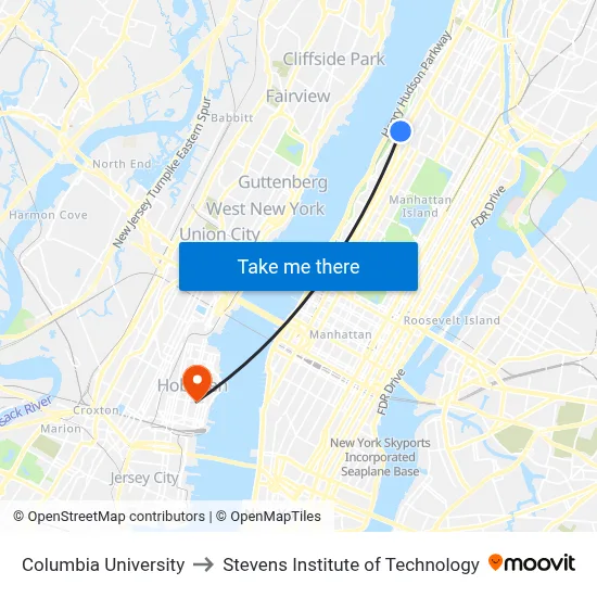 Columbia University to Stevens Institute of Technology map