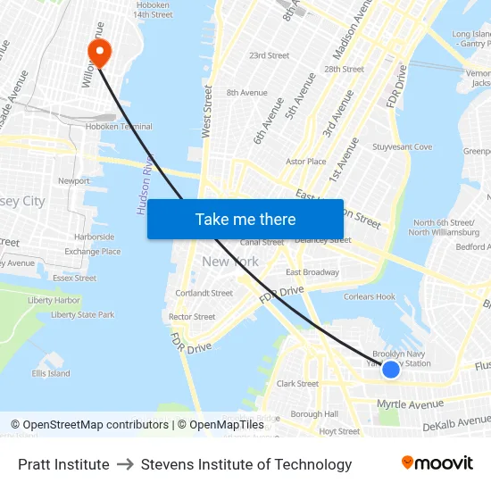 Pratt Institute to Stevens Institute of Technology map