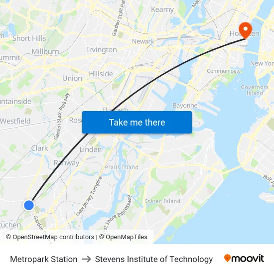 Metropark Station to Stevens Institute of Technology map
