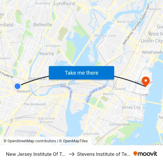 New Jersey Institute Of Technology to Stevens Institute of Technology map