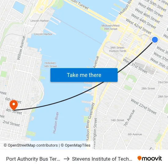Port Authority Bus Terminal to Stevens Institute of Technology map