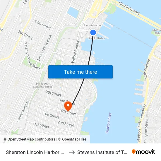 Sheraton Lincoln Harbor Weehawken to Stevens Institute of Technology map
