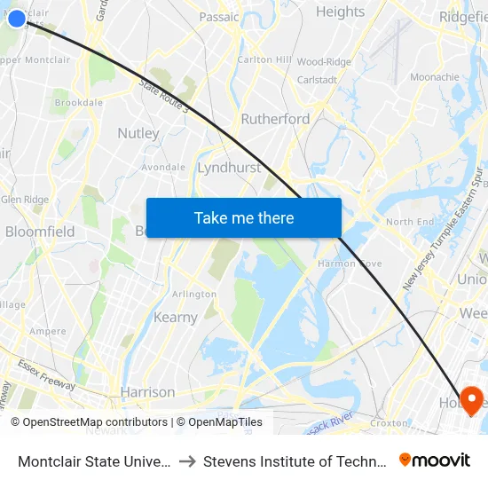 Montclair State University to Stevens Institute of Technology map
