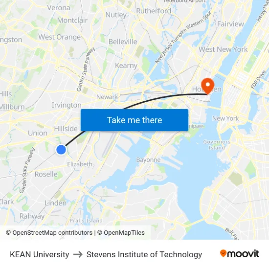 KEAN University to Stevens Institute of Technology map