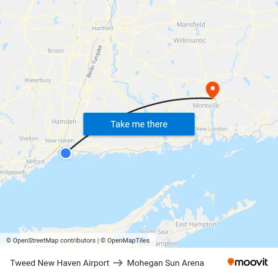 Tweed New Haven Airport to Mohegan Sun Arena map