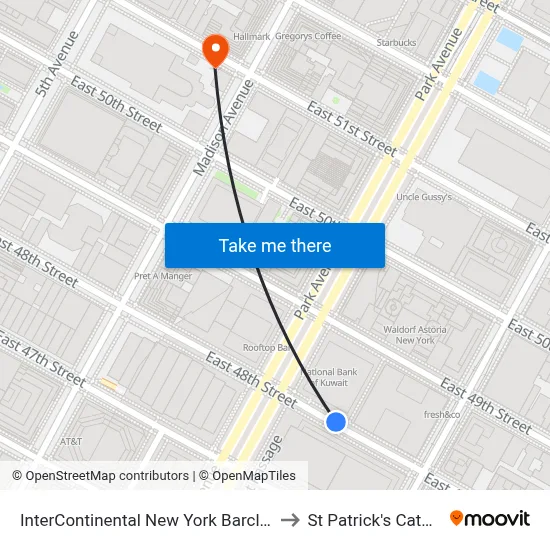 InterContinental New York Barclay Hotel to St Patrick's Cathedral map