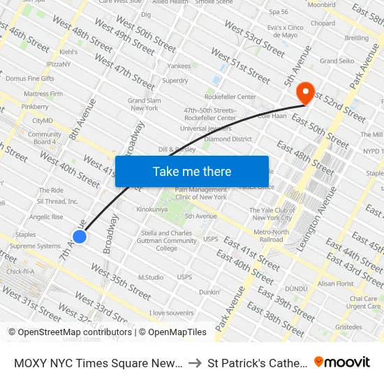 MOXY NYC Times Square New York to St Patrick's Cathedral map