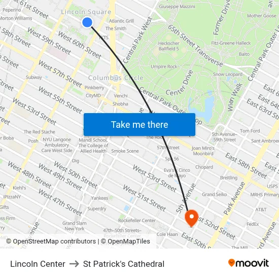Lincoln Center to St Patrick's Cathedral map