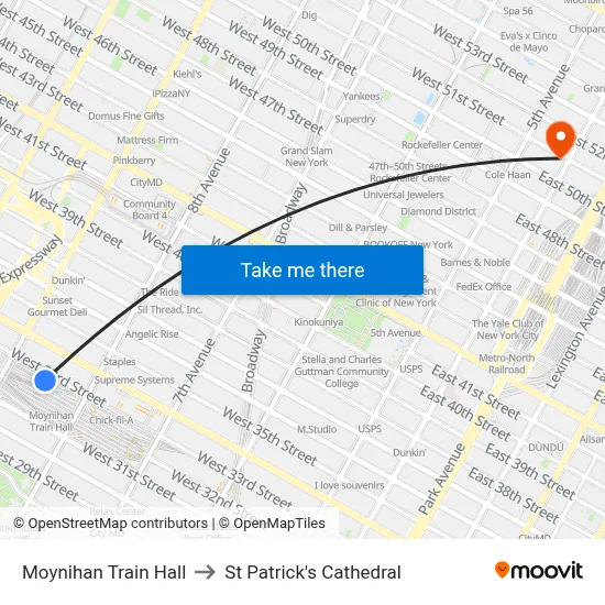 Moynihan Train Hall to St Patrick's Cathedral map