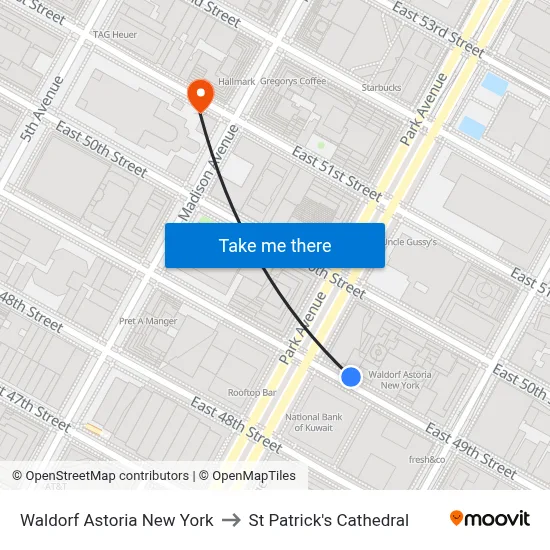 Waldorf Astoria New York to St Patrick's Cathedral map