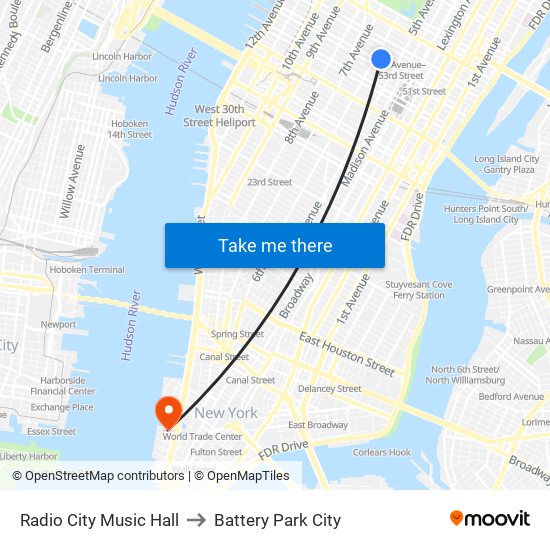 Radio City Music Hall to Battery Park City map