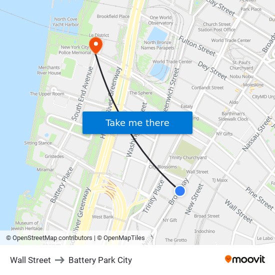 Wall Street to Battery Park City map