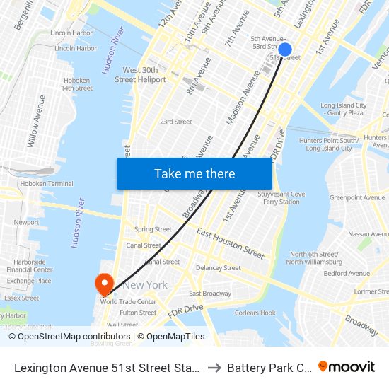 Lexington Avenue 51st Street Station to Battery Park City map