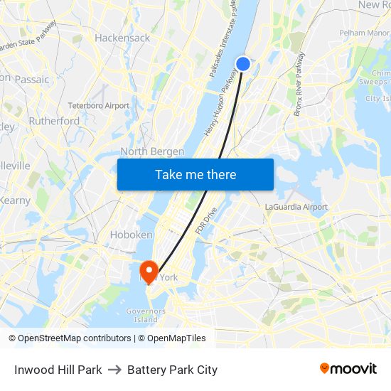 Inwood Hill Park to Battery Park City map