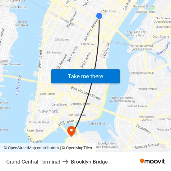 Grand Central Terminal to Brooklyn Bridge map