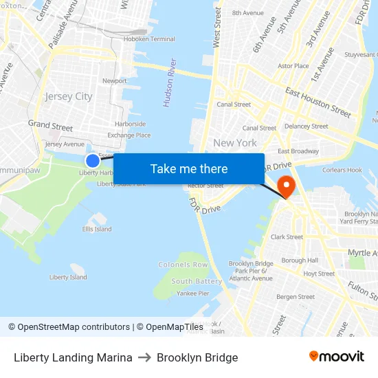 Liberty Landing Marina to Brooklyn Bridge map
