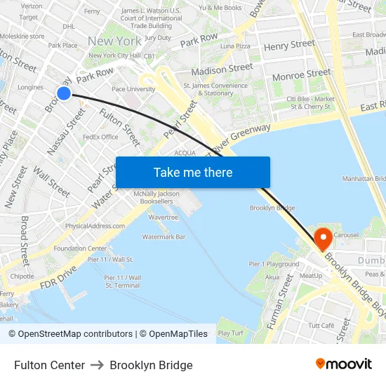 Fulton Center to Brooklyn Bridge map