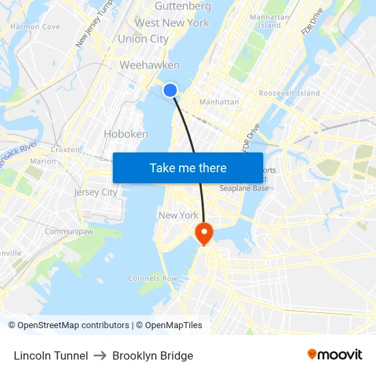 Lincoln Tunnel to Brooklyn Bridge map