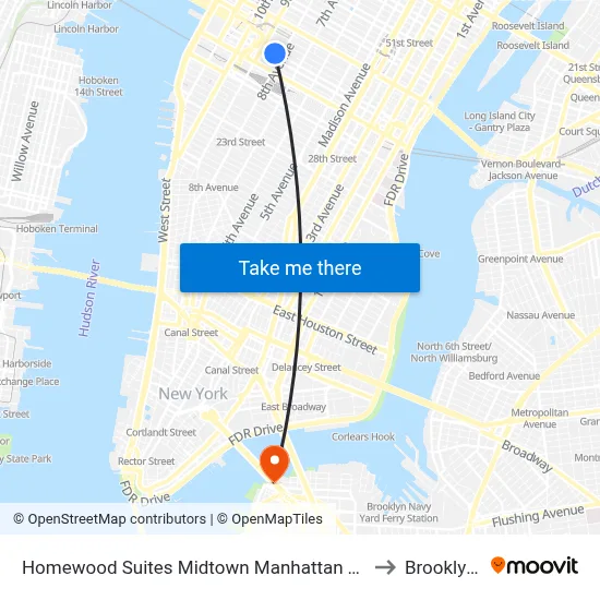 Homewood Suites Midtown Manhattan Times Square South New York to Brooklyn Bridge map