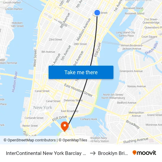 InterContinental New York Barclay Hotel to Brooklyn Bridge map