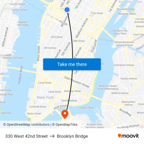 330 West 42nd Street to Brooklyn Bridge map