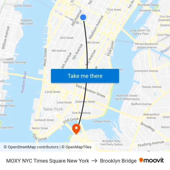 MOXY NYC Times Square New York to Brooklyn Bridge map