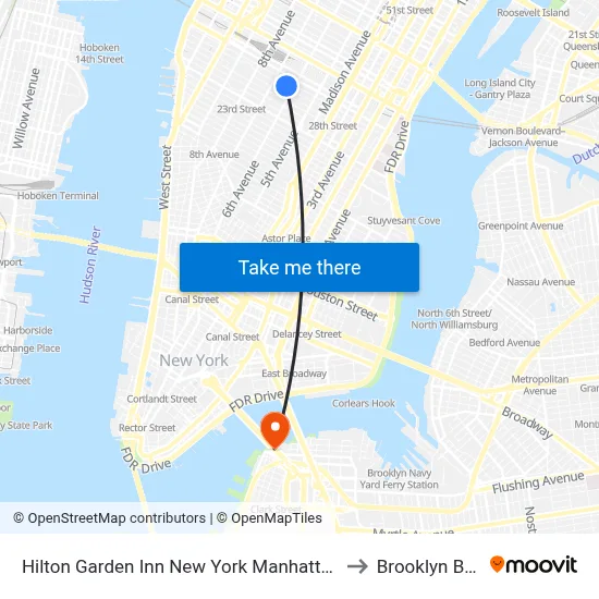 Hilton Garden Inn New York Manhattan Chelsea to Brooklyn Bridge map