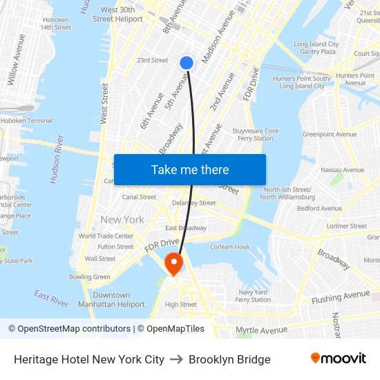 Heritage Hotel New York City to Brooklyn Bridge map
