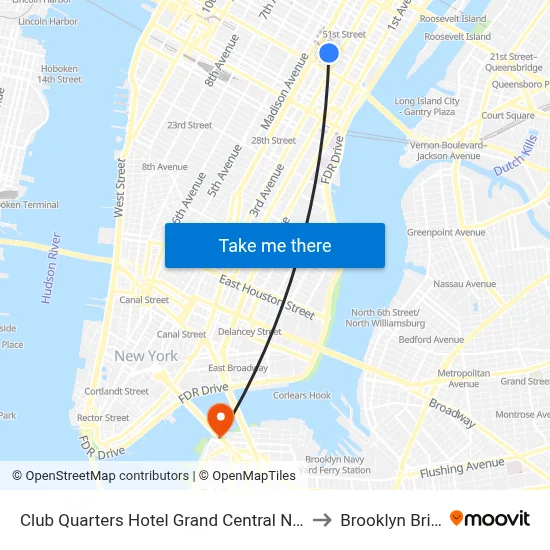 Club Quarters Hotel Grand Central New York to Brooklyn Bridge map