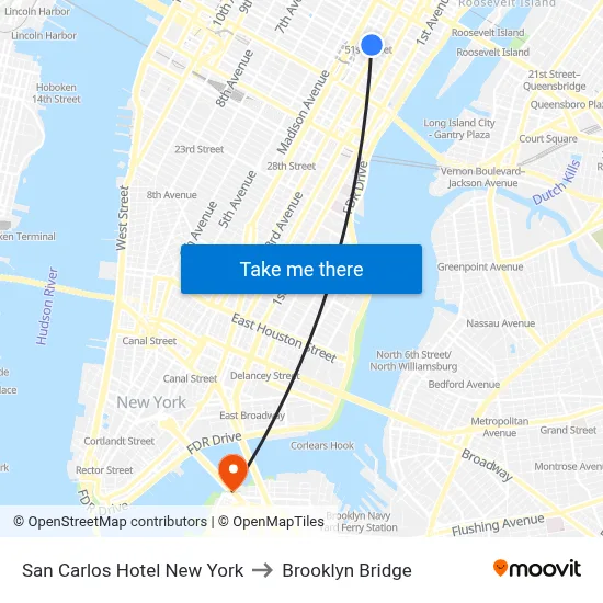 San Carlos Hotel New York to Brooklyn Bridge map