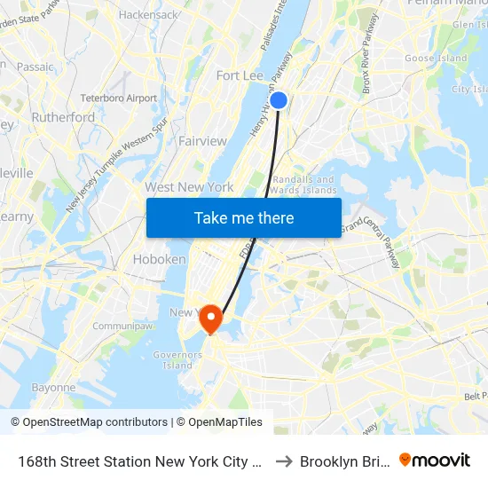 168th Street Station New York City Subway to Brooklyn Bridge map