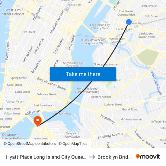 Hyatt Place Long Island City Queens to Brooklyn Bridge map