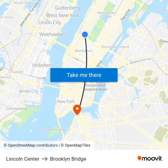 Lincoln Center to Brooklyn Bridge map